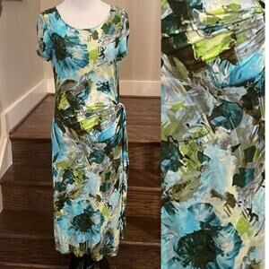 Lafayette 148 Green & Blue Watercolor Floral Side Tie/Knot Dress, Size 8